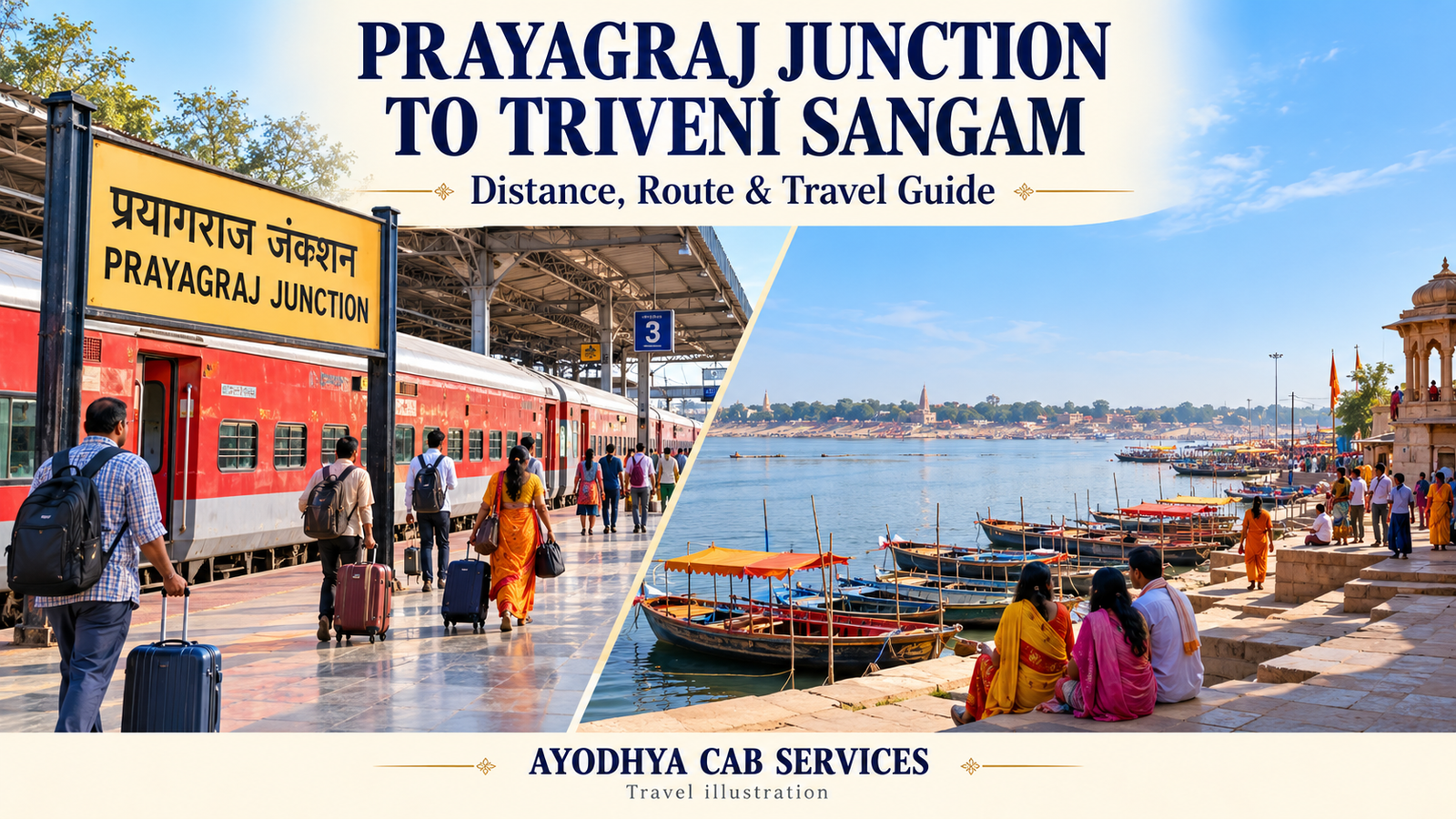 Prayagraj Junction to Triveni Sangam: Distance & Route — Ayodhya Cab Services Prayagraj Junction to Triveni Sangam travel illustration showing railway arrival and a riverfront with boats