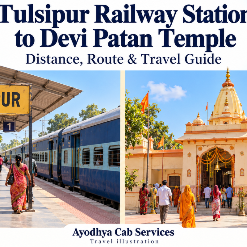 Tulsipur railway station and Devi Patan Temple shown in separate travel illustration panels